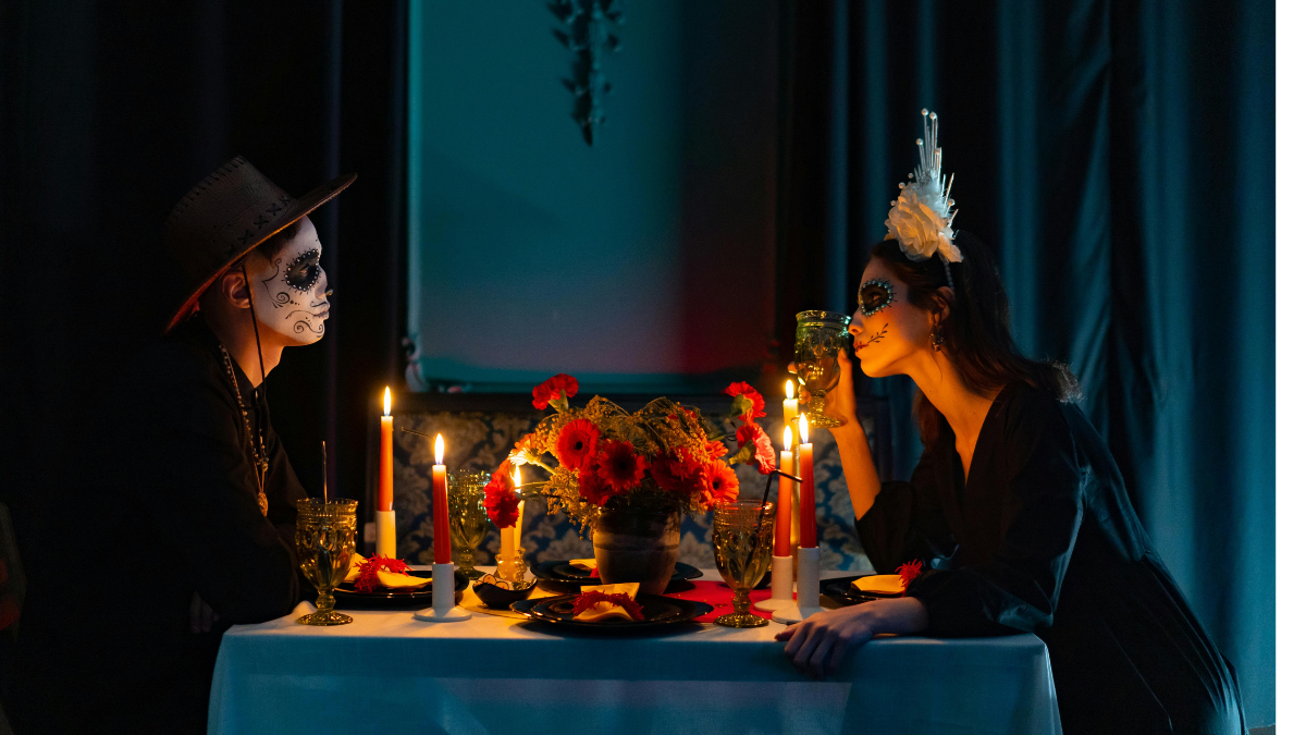 couple in costume celebrating spooky Halloween date night at home Singapore